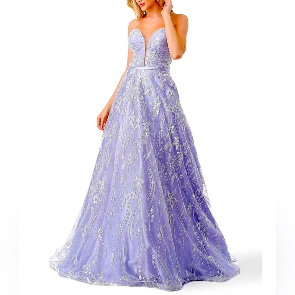 Coya Collection Strapless Embellished Floral Lace-Up Back Ball Gown